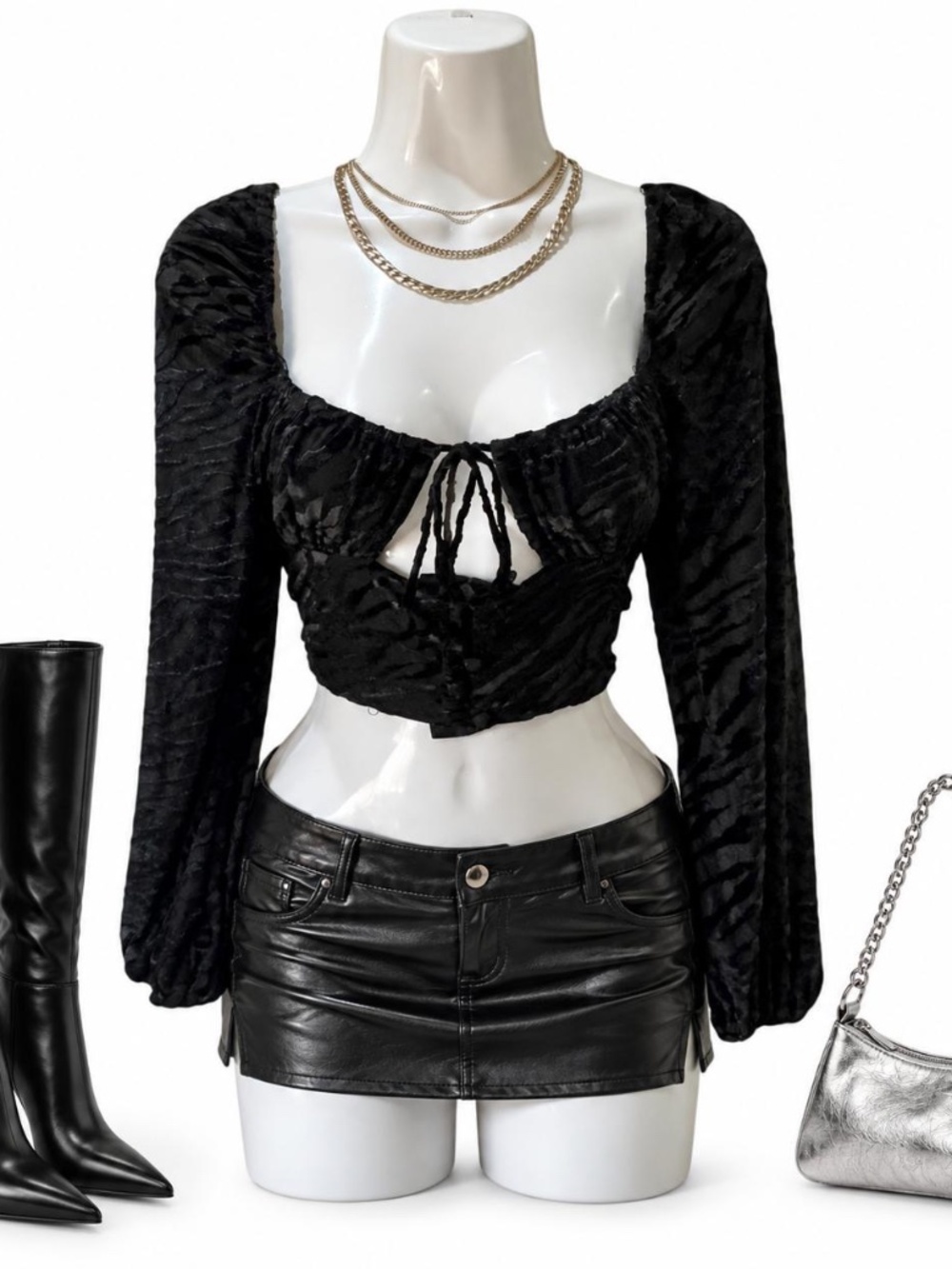 Princess Polly Black Burnout Velvet Crop Top Size 6